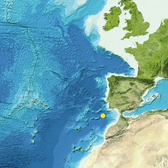 Das Untersuchungsgebiet liegt rund 200 km südwestlichen der portugiesischen Südküste. Image reproduced from the GEBCO world map 2014, www.gebco.net