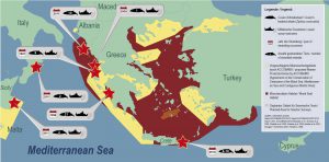 Untersuchungsgebiet, darin vermerktes Verbreitungsgebiet der Mönchsrobbe, Schutzzonen und Walstrandungen. (Oceancare)