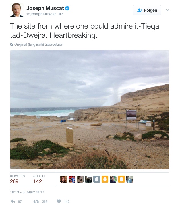 Einfach verschwunden: Maltas Premier ist bestürzt und postet ein Foto von dem Ort, an dem bis heute früh das Azure Window stand. Screenshot: Twitter