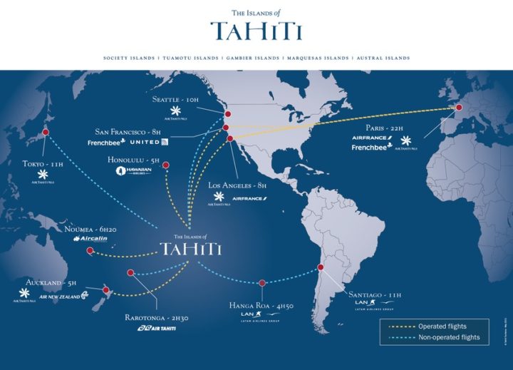 Karte mit Flugzeiten nach Tahiti