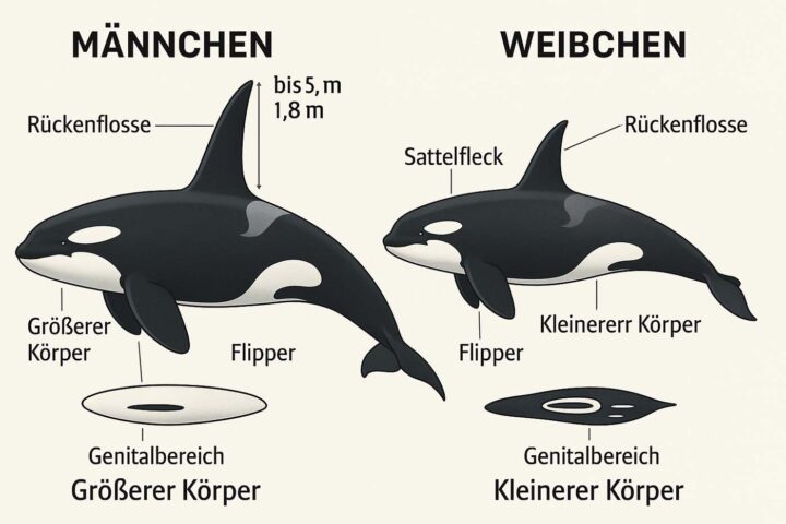Unterschiede von männlichen und weiblichen Orcas