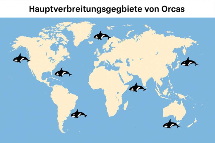 Weltkarte zeigt die Hauptverbreitungsgebiete von Orcas in allen Ozeanen