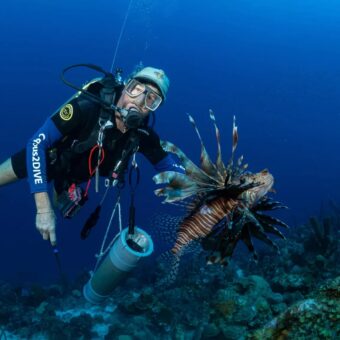 Taucher mit frisch erlegtem Feuerfisch während eines Tauchgangs auf Curaçao