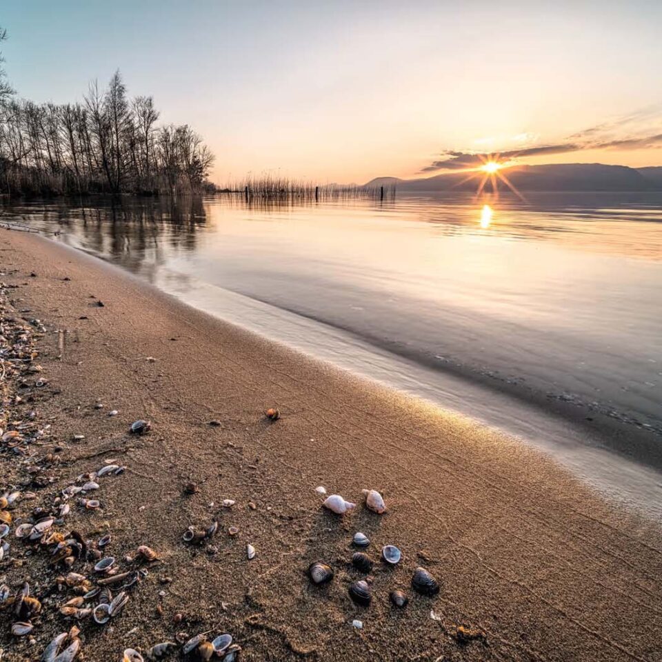 Ufer des Neuenburgersees mit Blick auf die Fundregion der römischen Schiffsladung bei Sonnenaufgang