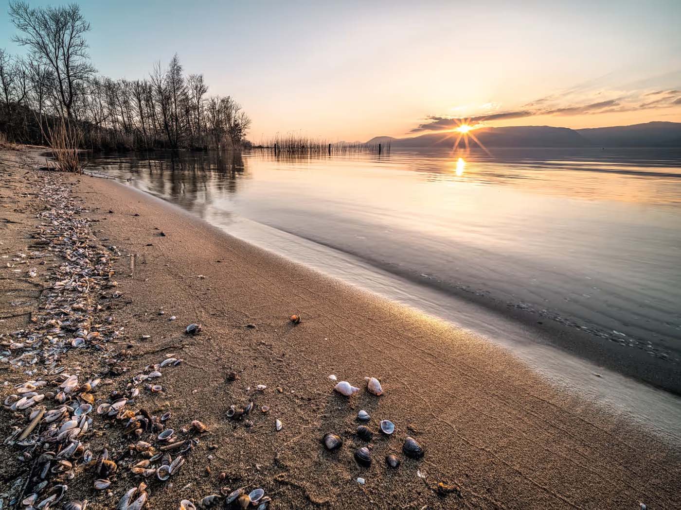 Ufer des Neuenburgersees mit Blick auf die Fundregion der römischen Schiffsladung bei Sonnenaufgang