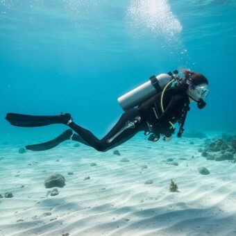 Taucher mit künstlichem Hüftgelenk schwimmt nach erfolgreicher Rehabilitation unter Wasser