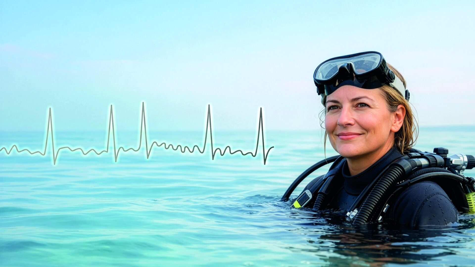 Lächelnde Taucherin mit hochgeschobener Maske treibt an der Wasseroberfläche, daneben eine eingeblendete EKG-Kurve
