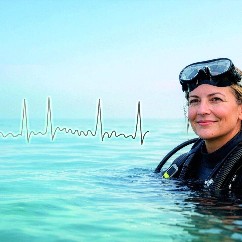 Lächelnde Taucherin mit hochgeschobener Maske treibt an der Wasseroberfläche, daneben eine eingeblendete EKG-Kurve