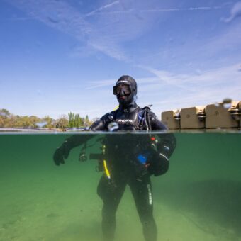 Taucher im Cressi Logica mit integrierter Haube steht im Fühlinger See, halb über und halb unter der Wasseroberfläche