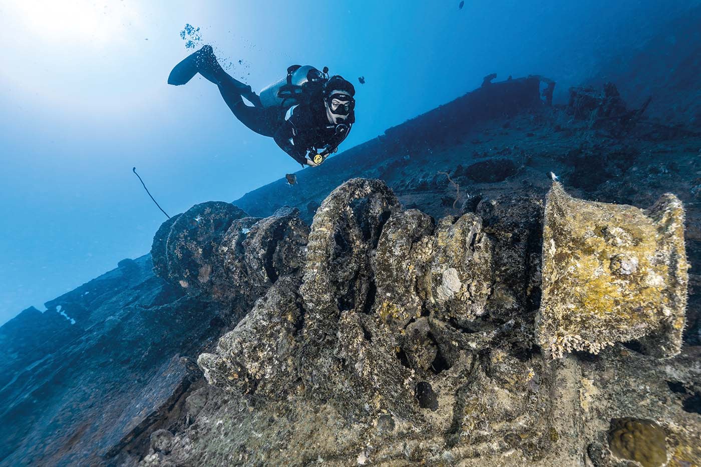 Taucher an einem bewachsenen Wrack vor der Nordküste von Mauritius