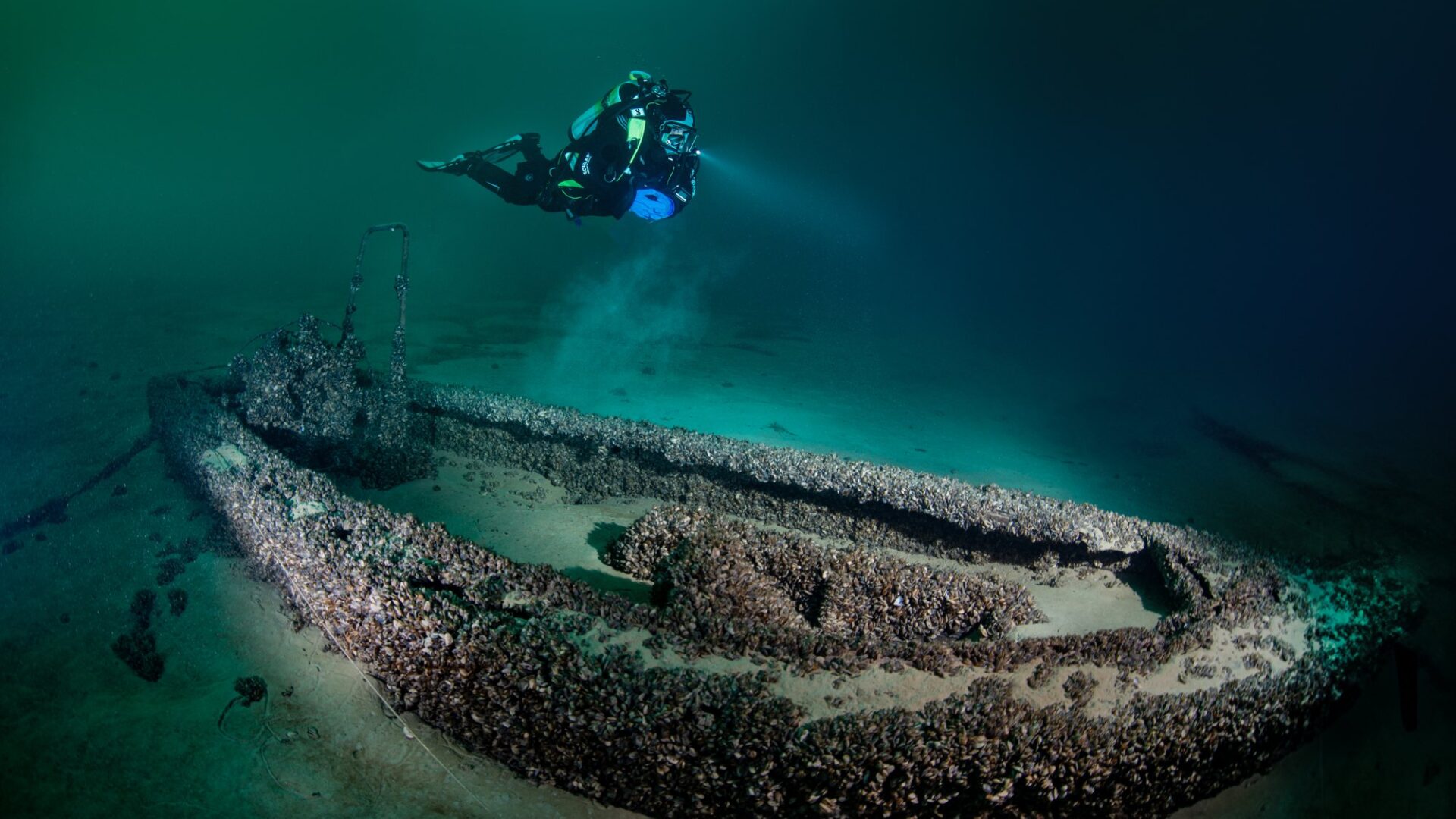 Taucher mit Lampe schwebt über einem versenkten Arbeitsboot, dessen Rumpf dicht mit Muscheln überwachsen ist